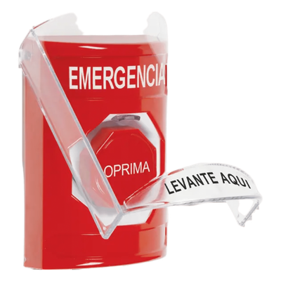 Botón de Emergencia en Español Rojo con Tapa Protectora de Policarbonato Súper Resistente, Restablecimiento con Llave y 