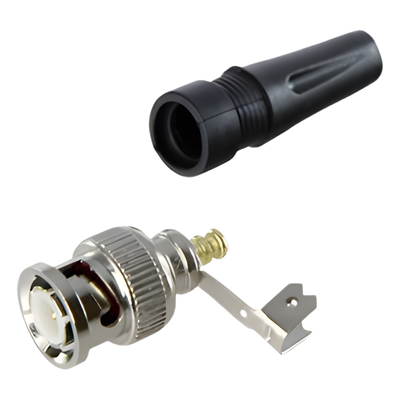Conector BNC macho en 75 Ohm, para cable coaxial RG-59/ RG-6 con base de alivio negra de PVC.