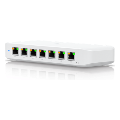 UniFi Switch Ultra 210W Administrable / 8 puertos GbE / (1) puerto POE++ IN opcional y (7) puertos POE+/ Wattaje depende