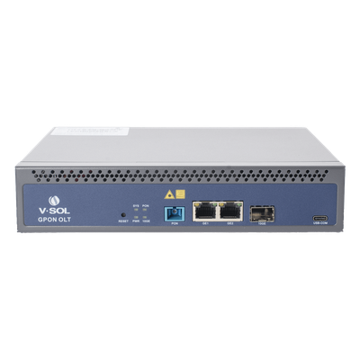 OLT de 1 Puerto GPON con 3 puertos Uplink (2 puertos Gigabit Ethernet + 1 puerto SFP/SFP+) hasta 128 ONU/ONT