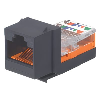 Conector Jack Estilo Leadframe, Tipo Keystone, Categoría 5e, de 8 posiciones y 8 cables, Color Negro