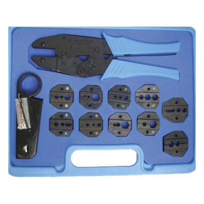 Kit en Estuche de Plástico con 10 Muelas para Instalar Conectores en Cables Coaxiales, Pinzas RFA-4005-20 y Desforradora