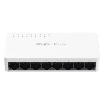 Switch non-PoE de 8 puertos 10/100/1000 Mbps no administrable, visible en Ruijie Cloud, con alta fiabilidad de red