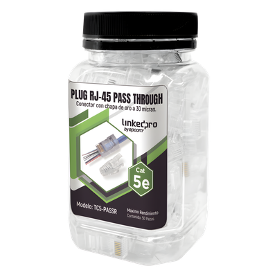 Bote con 50 Plugs Pass through RJ45 Cat5e sin blindaje, con alivio de tensión incluido, chapado de oro a 30 micras para 