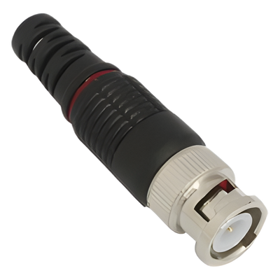 Conector BNC macho en 75 Ohm con Base de Alivio Plástica Negra para Cable Coaxial RG-59/ RG-6, Níquel/ Oro/ Teflón.