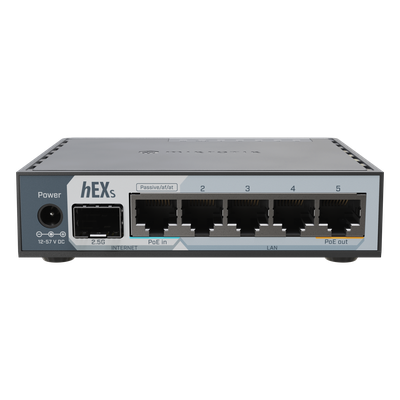 Router hEX S / 5 Puertos Gigabit Ethernet / 1 Puerto SFP 2.5G / Dual-Core ARM / 512 MB RAM / RouterOS V7 / PoE-In y PoE-