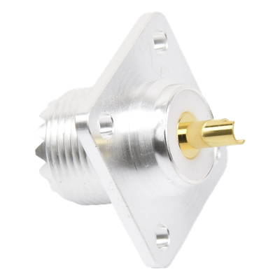 Conector UHF Hembra (SO-239) para Montaje de Chasis con 4 Hoyos a 18 mm, Terminal Soldable, Plata/ Oro/ Teflón.