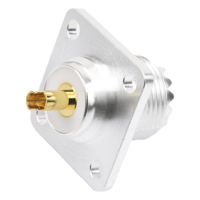 Conector UHF Hembra (SO-239) para Montaje de Chasis con 4 Hoyos a 18 mm, Terminal Soldable, Plata/ Oro/ Teflón.