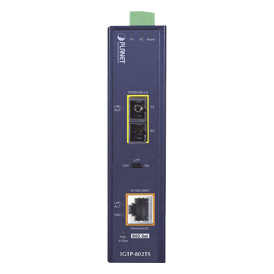 Convertidor de medios industriales 1000BASE-X a 10/100 / 1000BASE-T 802.3at PoE +