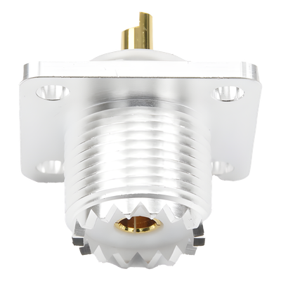Conector UHF Hembra (SO-239) para Montaje de Chasis con 4 Hoyos a 18 mm, Terminal Soldable, Plata/ Oro/ Teflón.