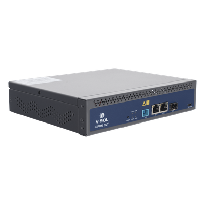 OLT de 1 Puerto GPON con 3 puertos Uplink (2 puertos Gigabit Ethernet + 1 puerto SFP/SFP+) hasta 128 ONU/ONT
